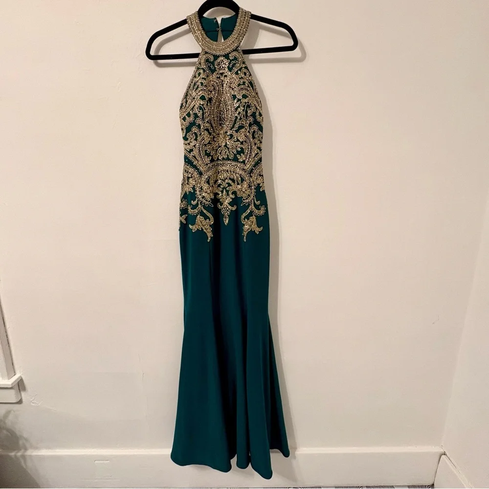 Xscape Halter Neck Gold Lace Bodice Mermaid Green Prom Dress Sz 0 - Picture 2 of 8